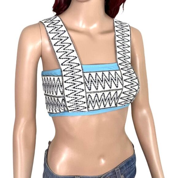 Zig Zag Embroidered Bandeau Crop Top Womens Small Turquoise White Wide Strap - Picture 1 of 10